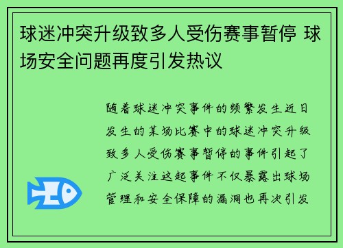 球迷冲突升级致多人受伤赛事暂停 球场安全问题再度引发热议