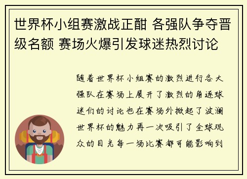 世界杯小组赛激战正酣 各强队争夺晋级名额 赛场火爆引发球迷热烈讨论